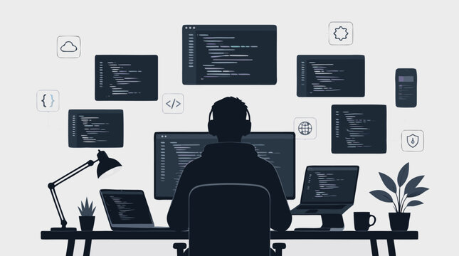 Developer silhouette coding at workstation with floating code panels, flat vector software engineering scene featuring multitasking, app development, cloud tools, security icons and modern tech