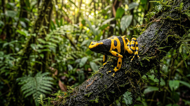 Sapo Ponta de Flecha, Sapo dardo, Sapos venenosos Yellow-Banded Poison Dart Frog on Mossy Branch in Rainforest, Close-Up Wildlife Shot