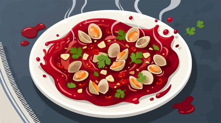 Plate of Cockles in Spicy Red Tomato Sauce with Garlic and Cilantro, Flat Design Vector Illustration of Seafood Dish, High Angle Top View, Steam Rising, Gourmet Restaurant Menu Graphic Element © Doni
