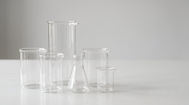 Empty glass lab beakers and erlenmeyer flask on white surface for science research.