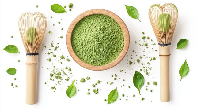 Matcha powder air isolated on white background,bamboo whisk,superfood powder,diet and healthy life,green tea powder,Japanese tea leaves,popular menu trendy, wellness concept.