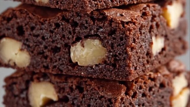 Stacked chocolate brownies with large hazelnut pieces in macro detail