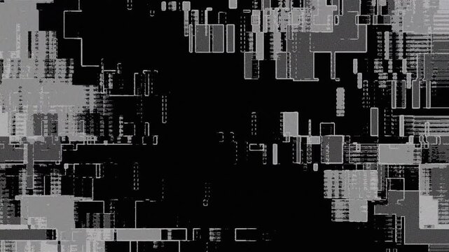 White and gray wireframe glitch with digital pixel distortion flickering on a black background. Seamless loop suits a luxury campaign and abstract tech video workflow
