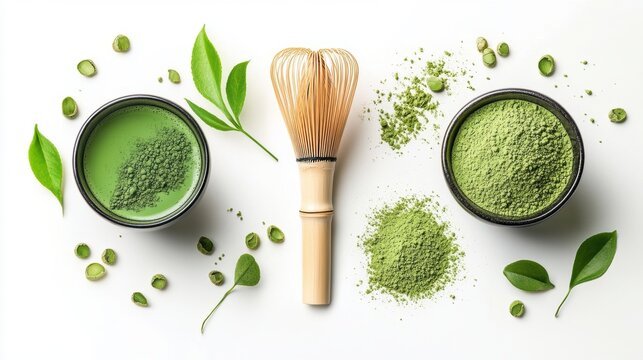 Matcha powder air isolated on white background,bamboo whisk,superfood powder,diet and healthy life,green tea powder,Japanese tea leaves,popular menu trendy, wellness concept.