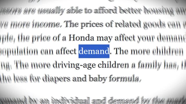 Economic Textbook Page Focusing On The Concept Of Market Consumer Demand And Financial Analysis with match cut and blur effect.