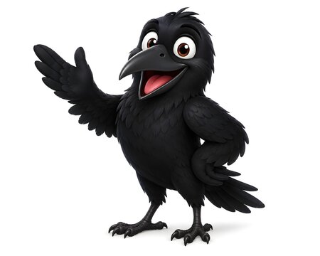 Cute cartoon crow character with expressive eyes and friendly pose, isolated on a white background. High-quality mascot illustration for education, branding, stickers, and children's designs
