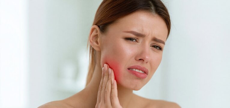 A young woman in soft light holds her cheek, showing redness that signals TMJ pain or muscle strain.