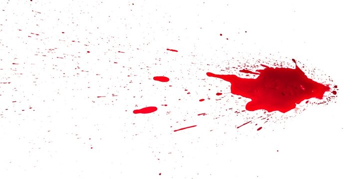 Red blood splatter with directional spray effect, isolated on white background, ideal for horror, thriller, or artistic crime scene graphic projects.