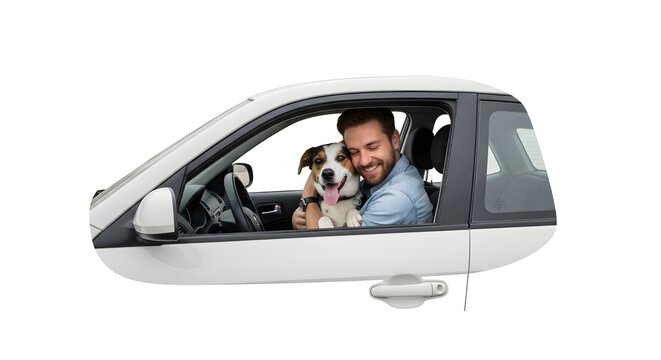 happy man driving car with dog in passenger seat smiling during daytime outdoor journey