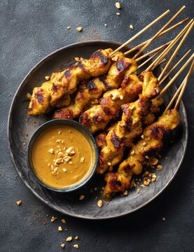 Grilled chicken satay skewers with creamy peanut sauce on dark plate