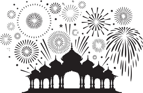Detailed black and white vector illustration of an ornate palace silhouette with exploding festive fireworks