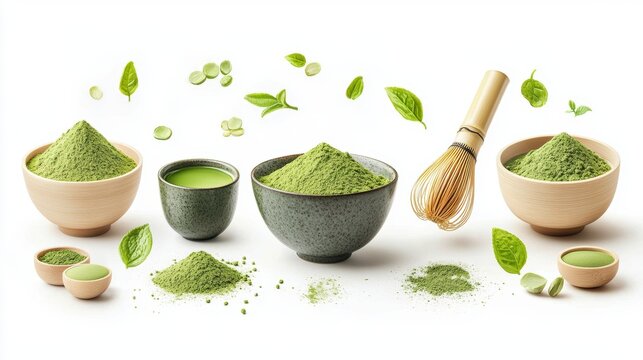 Matcha powder air isolated on white background,bamboo whisk,superfood powder,diet and healthy life,green tea powder,Japanese tea leaves,popular menu trendy, wellness concept.