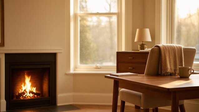 Cozy Home Office Nook with Fireplace and Desk, Remote Work Productivity Concept
