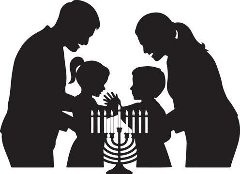 Happy jewish family lighting the menorah during the festive hanukkah holiday celebration in black vector illustration