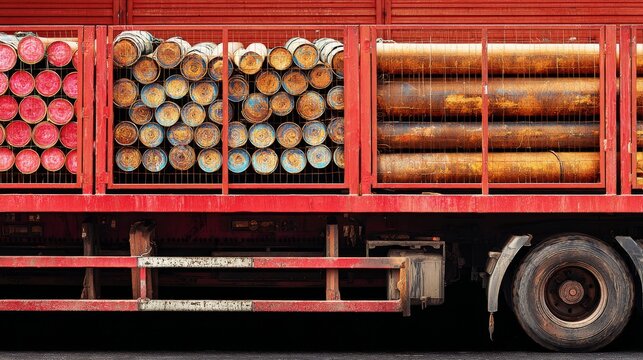 Industrial drill pipes stacked on transport truck construction equipment logistics