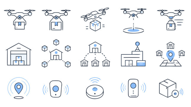 Editable stroke icon set for drone delivery logistics, dispatch hubs, smart warehouses, GPS tracking beacons, parcels, landing signals and automated shipping network vector illustration