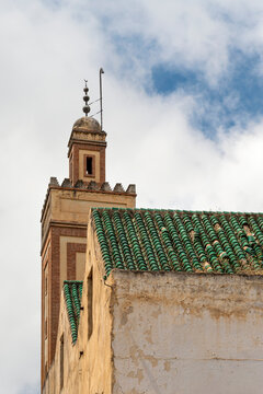 Minaret Above a Green Tile Roof at the Nasiriya Zawiya Mosque, Fes, Morocco