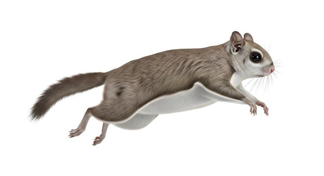 Fast running squirrel in midair capturing motion with bushy tail on bright white background for nature wildlife or animal photography