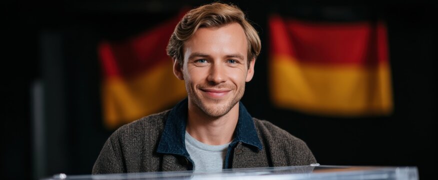 Cheerful young man proudly votes in Germany's election embracing civic duty and democracy.