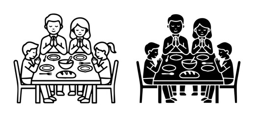 Family Praying Before Meal, Two Icon Styles: Line Art and Solid Silhouette