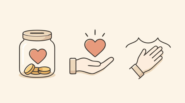 Charitable giving minimalist line icon set with donation jar, coins, open hand, floating heart and pledge gesture, warm editable vector for nonprofit fundraising campaigns and community support