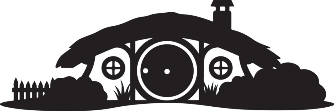 Minimalist black vector illustration of a cozy fantasy hobbit house with a round wooden door