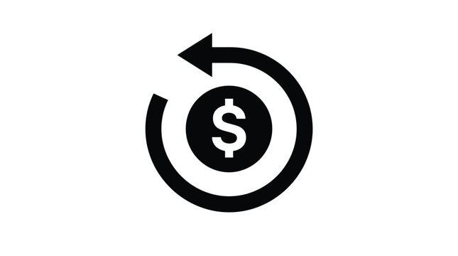 Black and white circular arrow icon surrounding a dollar sign symbol representing money refund or financial cashback transaction design element on a clean white background surface