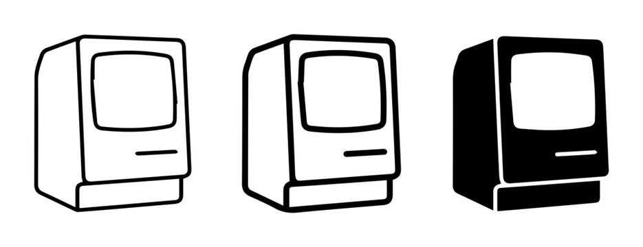 Retro Computer Icons, Vintage Desktop Machine Graphics, Old Technology Vector Set