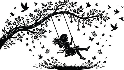 Black and white silhouette vector of a little girl swinging from a large blooming tree branch surrounded by birds
