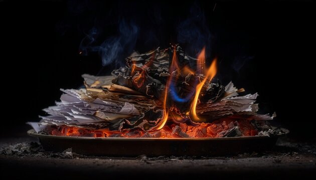Burning pile of paper waste with glowing embers.