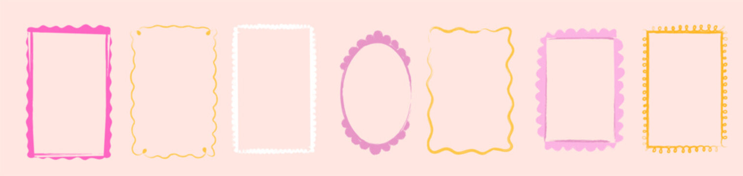 Scallop frame vintage ribbon scrapbook outline doodle sketch. Hand drawn textured decorative scalloped border collection for cards invitations and creative projects.