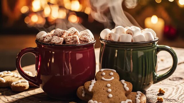 Two steaming mugs of hot chocolate topped with marshmallows on a rustic wooden table with gingerbread cookies in front of a warm, blurred fireplace and candle background.