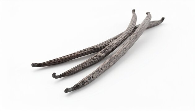 Ultra-realistic image of scattered Madagascar vanilla pods and beans isolated