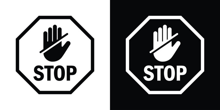 Black and white stop signs featuring an open hand icon with a slash mark and the word STOP inside an octagon frame. Vector warning icons.