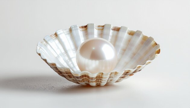 Delicate seashell holds a pearl on a clean surface indoors