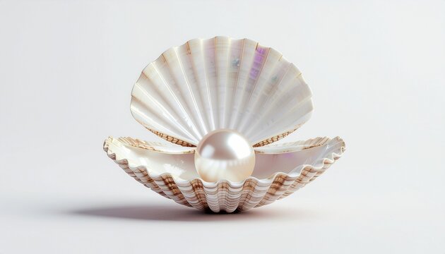 A large pearl rests inside an open seashell on a plain surface