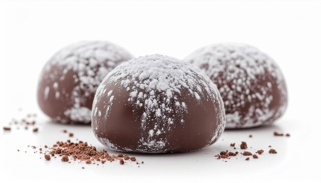 Chocolate truffles with powdered sugar on top are arranged on a surface with cocoa powder nearby.