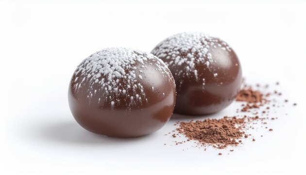 Delicate chocolate mochi balls with powder particles isolated on white