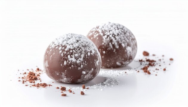 Delicate chocolate mochi balls with powder particles isolated on surface