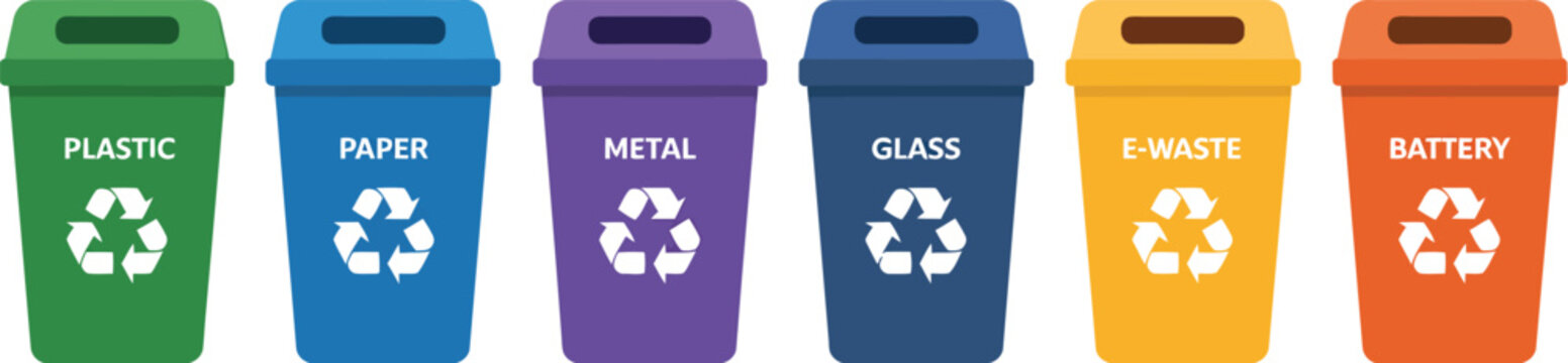 Recycle Bin icon set, colorful waste separation containers with recycling symbols, flat style waste sorting vector illustration