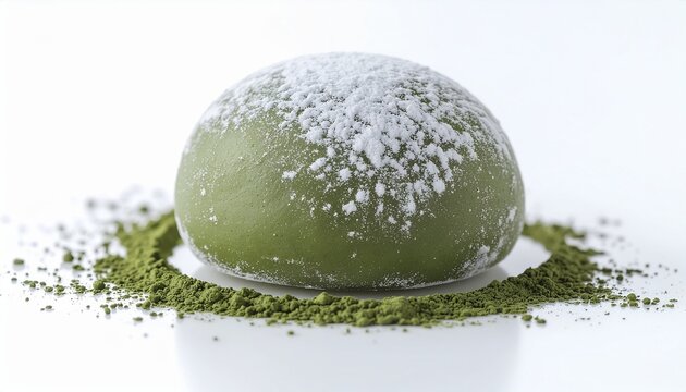 Premium matcha mochi with delicate powder particles on a plate
