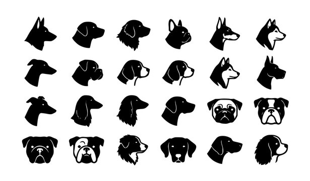 Dog Breeds Silhouette Icon Set Vector Illustration in Minimalist Style
Dog Head Solid Icons Collection Minimalist Flat Symbols of Puppy Profiles
Pet Shop and Veterinary Logo Design Elements Dog Face V