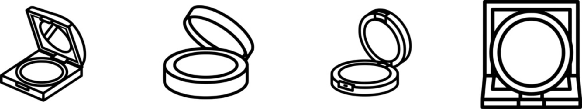 A minimalist black-and-white illustration depicts an open makeup compact with a clear mirror and a pressed powder compartment, set against a pure white background