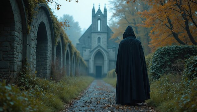 Back view of mysterious figure wearing dark hooded cloak standing on path near stone arches. Person walks towards old gothic church building in foggy autumn forest. Fantasy sorcerer wizard character