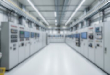 Fototapeta premium Blurred industrial electrical control room with switchgear cabinets and power distribution systems.