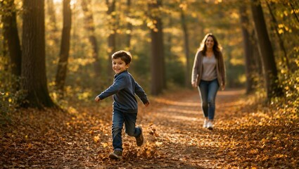Fototapeta premium Young Boy Running Through Autumn Forest with Mother, Joyful Family Connection and Childhood Happiness Concept