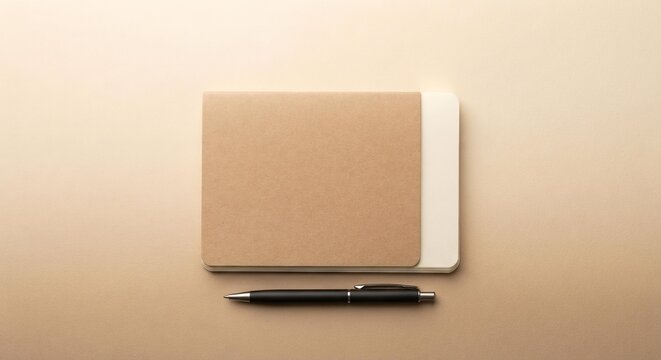 Minimalist Kraft Paper Notebook and Pen on Beige Background, Productivity Concept for E-commerce Marketing