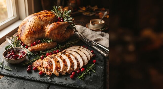 Whole Roasted Thanksgiving Turkey with Slices on Slate Platter, Holiday Dinner Celebration Concept