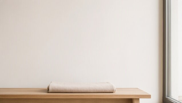 Folded Beige Throw Blanket on Minimalist Wooden Bench, Hygge Home Decor and Interior Design Background