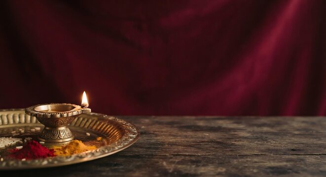 Lit Brass Diya on Pooja Thali with Maroon Background, Minimalist Diwali Festival Greeting Card Template